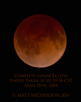 © Matt Nicholson 2014

Complete Lunar Eclipse, April 15th, 2014. The "Blood Moon"
